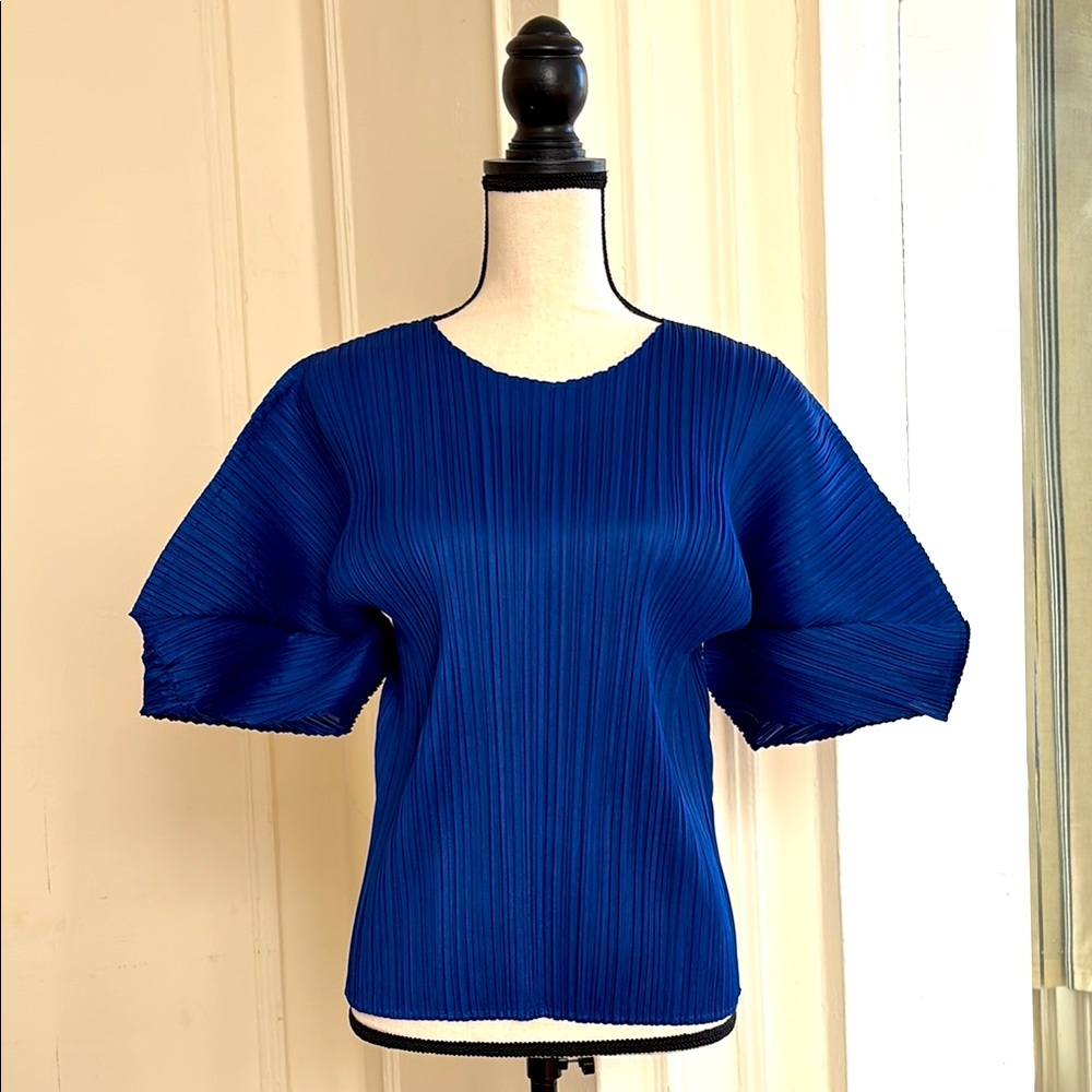 Issey Miyake Pleated Cobalt Blue Short Sleeve Top